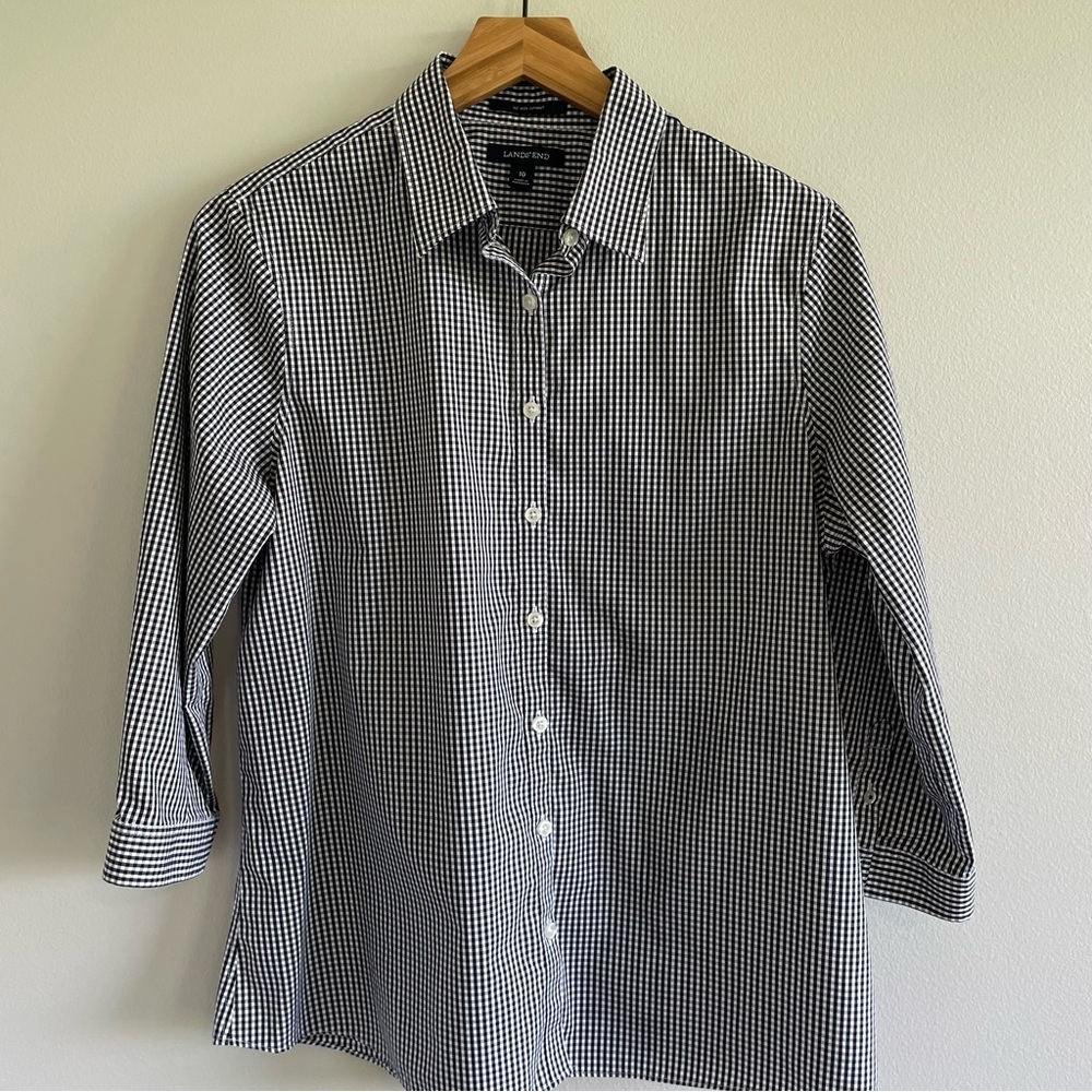 Lands' End Women's No Iron Supima Button Down Shirt 3/4 Length Sleeves Size 10